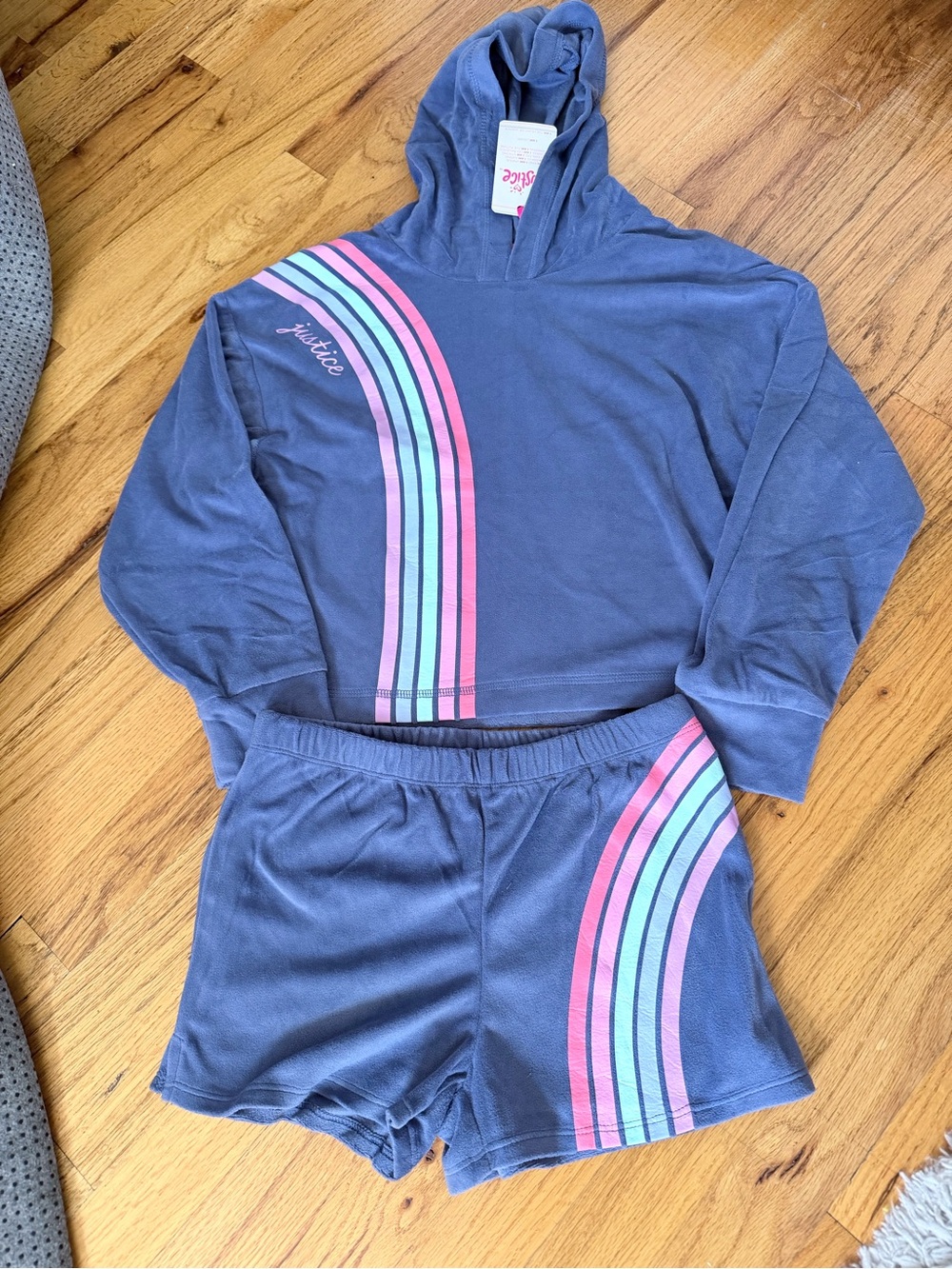 Justice Girls Navy Blue Cropped Hoodie and Shorts Set with Pink and Mint Stripes